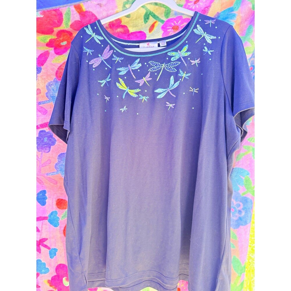 Quacker Factory Womens 2X Blue Dragonfly Graphic Scoop Neck SS Knit Stretch Top